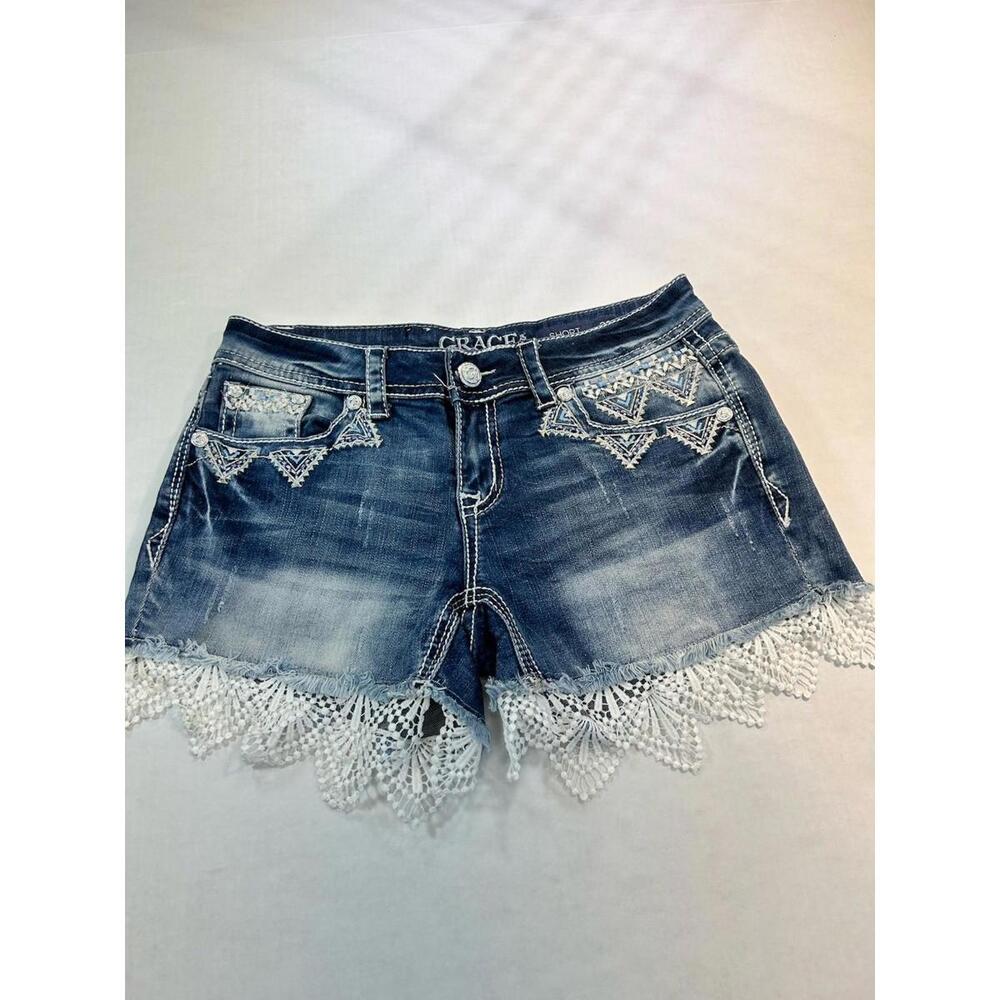 Grace in LA Embellished Denim Shorts White Lace Ruffle- Size 28
